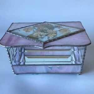 Vintage Slag Glass Jewelry Box: Metal Framed Bevelled Glass , Dry Flowers in Lid